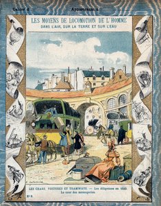 Diligence im Jahr 1840 - der Hof der Nachrichten - Postkutsche im Jahr 1840 - Aus einem Schutzumschlag für Schulbücher, Ende des 19. Jahrhunderts - Illustration von E. Letellier - Historisches Schutzheft, Ende des 19. Jahrhunderts