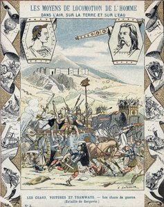 Gallische Kriegskarren in der Schlacht von Gergovia - Aus einem Schutzumschlag für Schulbücher, Ende des 19. Jahrhunderts - Kriegskarren mit Sicheln - Vercingetorix in der Schlacht von Gergovia (52 v. Chr.) während des Gallischen Krieges - Illustration von von E. Letellier