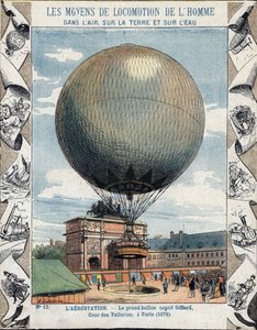 Betrieb der Inflation und Ausrüstung des Fesselballons von Henry Giffard in den Tuilerien in Paris 1878 - Aus einem Schutzumschlag für Schulbücher, Ende des 19. Jahrhunderts - Illustration von E. Letellier - Weltausstellung von 1878 in Paris: Inflation von
