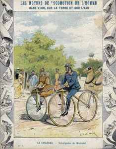 Pierre Michaux und Michaudine-Velocipedes - Aus einem Schutzumschlag für Schulbücher, Ende des 19. Jahrhunderts - Velocipedes a pedale (les michaudines) von Pierre Michaux (1813-1883)