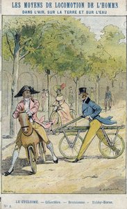 Velocipedes - Englisches Celerifere - Draisienne, Vorläufer des Fahrrads - Aus einem Schutzumschlag für Schulbücher, späte 19. Jahrhundert - Illustration von E Letellier - Celerifere - Draisienne - Steckenpferd (Nobby Horse) - Schutzumschlag historisch, En von E. Letellier