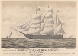 Bark Catalpa aus New Bedford, Polizeiboot, Schiffsboot und britisches Schiff Georgette von E. N. Russell