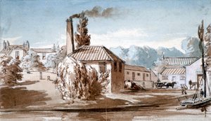 Ansicht der Stephenson und Giles Starch Works in Old Ford, Bow, London, ca. 1830 von E Noyce
