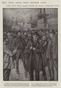 Männer, die bessere Tage gesehen haben: Tally-Klerks werden vor den Surrey Commercial Docks, London, engagiert (Litho) von E. S. (after) Hodgson