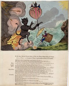 Seiner Königlichen Hoheit Friedrich Herzog von York, diese Platte von Satan, der die Übermacht hält; oder, Bounapartes Drohung, veröffentlicht 1803 von E. Sanders