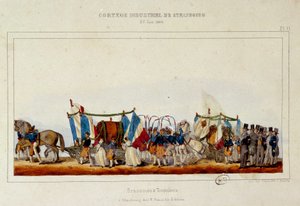 Der Tanz der Brauer und Küfer während des industriellen Umzugs in Straßburg am 25.06.1840. Lithographie von Simon
