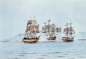 Commodore Macdonough in der Saratoga besiegt die Briten, Schlacht am Lake Champlain von E. Tufnell