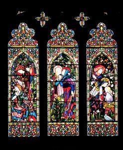 Die Verkündigung, der Besuch und die Geburt Christi, hergestellt von Lavers und Barraud, 1860 von E. and Halliday, M. F. Burne Jones