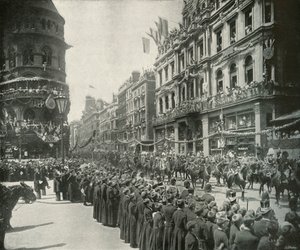 Die königliche Prozession: Vorbeiziehen am östlichen Ende von Cheapside, London, 1897 von E. and S. Woodbury