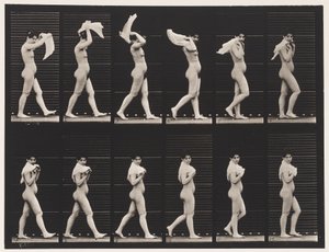Tafel 40. Gehen, Taschentuch über die Schultern werfen von Eadweard Muybridge