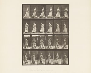 Gehen und Umdrehen mit Blumenstrauß in beiden Händen, 1885 von Eadweard Muybridge