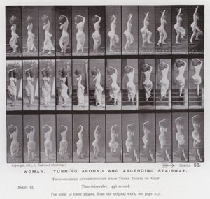 Die menschliche Figur in Bewegung: Frau, drehend und Treppe hinaufsteigend von Eadweard Muybridge