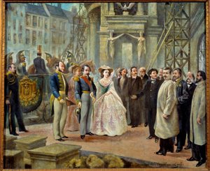 Napoleon III. und Kaiserin Eugenie besuchen die Arbeiten der Oper Garnier in Paris. Links von Napoleon III. ist Baron Georges Haussmann und Charles Garnier mit erhobenem Arm rechts von der Kaiserin