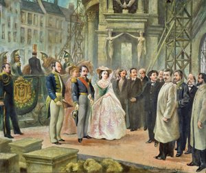 Baron Georges-Eugene Haussmann, Napoleon III und Kaiserin Eugenie besuchen die Arbeiter an der Oper