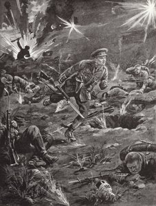 Leutnant Benjamin Geary eilt unter schwerem Granatfeuer zu einem Graben rechts von Hill 60, um Kontakt mit einem Offizier aufzunehmen, Ypern, Belgien, April 1915
