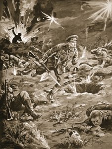 Leutnant Geary eilt unter schwerem Granatfeuer zu einem Graben rechts von Hill 60, um Kontakt mit einem Offizier aufzunehmen