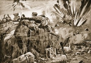 Private Jewson verlässt seinen Graben unter schwerem Beschuss, um die Verwundeten zu retten und die Toten zu bergen von Edgar Alfred Holloway