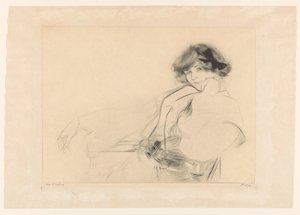 Junge Frau mit einer Schleife im Haar, die auf einem Stuhl sitzt von Edgar Chahine (signed by artist)