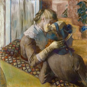 Beim Modisten. Ein Kunde probiert einen Hut von Edgar Degas