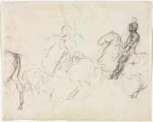 Kampfszene mit gepanzerten Figuren zu Pferd recto Zwei sitzende Frauen verso, 1856-1860