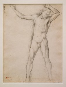Nacktes Gesicht, Arme erhoben, ca. 1859-1861. Graphit auf Velinpapier. von Edgar Degas