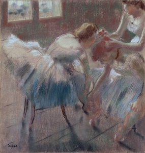 Drei Tänzer bereiten sich auf den Unterricht vor, ca. 1880