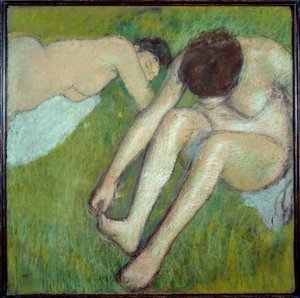 Zwei Badende auf Gras (Pastell auf braunem Papier) von Edgar Degas