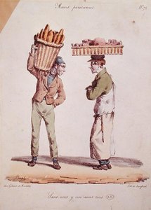 Karikatur von zwei jungen Handwerkern im Gespräch, Platte Nummer 72 aus der Serie 