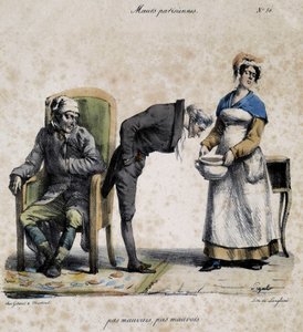 Kranker, Arzt schaut in den Topf und Diener. Karikatur der Pariser Sitten von Pigal (19. Jahrhundert), aufbewahrt im Musée Dobree in Nantes. von Edme Jean (after) Pigal