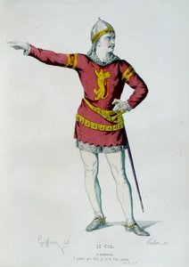 Kostüm für Don Rodrigue oder Le Cid in Szene 2 von Akt II von Le Cid von Pierre Corneille (1606-1684). Illustration von Edmond Geffroy (1804-1895) 19. Jahrhundert. Paris, Comédie-Française