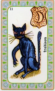 Tarot von Magus Belline gezeichnet von Edmond Billaudot ca. 1845 und an Hellseher Belline zur Neuauflage gegeben: Karte des Verrats: die Katze von Edmond Billaudot