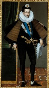 Ganzkörperporträt von Heinrich III, König von Frankreich. Gemälde von Pierre Jean Edmond Castan, basierend auf einem Gemälde aus dem 16. Jahrhundert