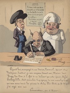 Ein Bürgermeister schreibt eine Bekanntmachung (Farblitho) von Edmond Lavrate