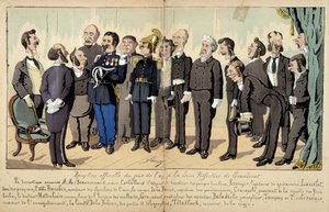 Karikatur über die französische Gesellschaft von Lavrate: die verschiedenen Figuren aus dem öffentlichen Dienst, Verwaltungsdienste... bei einem offiziellen Empfang. 1880