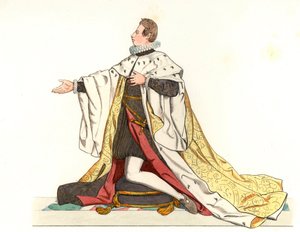 Cosme II de Medicis (1590-1621), Großherzog der Toskana (Italien) - Lithographie basierend auf einer Illustration von Edmond Lechevallier-Chevignard (1825-1902), aus „Historische Kostüme des 16. von Edmond Lechevallier Chevignard