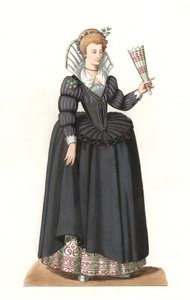 Französische Frau unter der Herrschaft von König Heinrich III. (1551-1589) - Lithographie basierend auf einer Illustration von Edmond Lechevallier-Chevignard (1825-1902), aus „Costumes historiques des 16th“