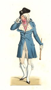 Junger Franzose in der Mode der Incrediables des 18. Jahrhunderts, nach einem Gemälde von Carle Vernet (1758-1836) - Lithografie aus einer Illustration von Edmond Lechevallier-Chevignard (1825-1902), aus 