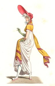 Junge Französin in der Mode der Wunderbaren des 18. Jahrhunderts, nach einem Gemälde von Carle Vernet (1758-1836) - Lithographie nach einer Illustration von Edmond Lechevallier-Chevignard (1825-1902), aus „Costumes historiques des 16th“ von Edmond Lechevallier Chevignard