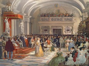 Die Hochzeit von Henri de Bourbon, König von Navarra, mit Marguerite de Valois in Anwesenheit von Catherine de Medici und Charles IX im Jahr 1572, 1862 von Edmond Lechevallier Chevignard