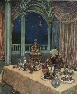 Die Schöne und das Biest: Belles Vater kommt am Schloss an und entdeckt einen Tisch voller Speisen, ca. 1910