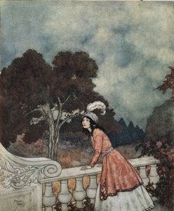 Blaubart: Blaubarts junge Frau Fatima fragt ihre Schwester Anne, ob sie ihre Brüder vom Turm aus sieht, ca. 1910 (Lithografie) von Edmund Dulac