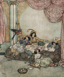 Blaubart: Die junge Frau von Blaubart, Fatima, lädt ihre Freunde ein, während ihr Mann auf Reisen ist, um 1910 von Edmund Dulac