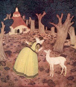 "Giroflee dankte der Fee und ging weit in den Wald; und dort sah sie tatsächlich eine Hütte und eine alte Frau, die draußen saß", Illustration aus dem französischen Märchen Die Hirschkuh des Waldes, aus Edmund Dulacs Märchenbuch: Märchen der Alliierten Nat von Edmund Dulac