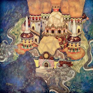 Der Palast des Drachenkönigs, Illustration aus dem serbischen Märchen Die Geschichte von Bashtchelik, aus Edmund Dulacs Märchenbuch: Märchen der Alliierten Nationen, veröffentlicht 1916 von Edmund Dulac
