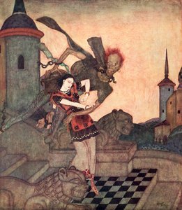 "Der Prinz, der hinausschaute, sah ihn die Prinzessin aufheben und schnell davonfliegen", Illustration aus dem serbischen Märchen Die Geschichte von Bashtchelik, aus Edmund Dulacs Märchenbuch: Märchen der Alliierten Nationen, veröffentlicht 1916