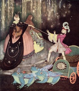 "Der Prinz nahm eine Kutsche, die von drei großen Fröschen mit großen Flügeln gezogen wurde. Truitonne kam geheimnisvoll durch eine kleine Tür heraus", Illustration aus dem französischen Märchen Der Blaue Vogel, aus Edmund Dulacs Märchenbuch: Märchen der A