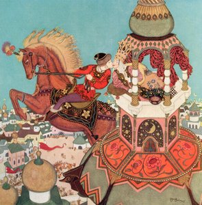 "Das kastanienbraune Pferd schien in der Luft zu verweilen, während dieser Kuss andauerte", Illustration aus dem russischen Märchen Iwan und das Kastanienbraune Pferd, aus Edmund Dulacs Märchenbuch: Märchen der Alliierten Nationen, veröffentlicht 1916