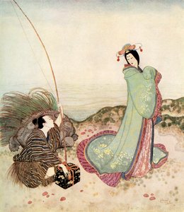 "Urashima war so verzaubert, dass er kein Wort sprechen konnte", Illustration aus dem japanischen Märchen Die Geschichte von Urashima Taro, aus Edmund Dulacs Märchenbuch: Märchen der Alliierten Nationen, veröffentlicht 1916 von Edmund Dulac