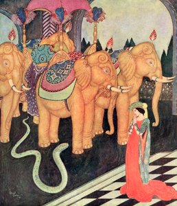 „Als Grannmia ihren seltsamen Liebhaber sah, blieb sie allein ruhig und mutig“, Illustration aus dem italienischen Märchen Der Schlangenprinz, aus Edmund Dulacs Märchenbuch: Märchen der Alliierten Nationen, veröffentlicht 1916