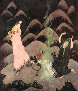 "Mit einem Schrei stürzte die Prinzessin vor und bevor ihre böse Schwester sie aufhalten konnte, hatte sie den Kessel mit einem Krachen umgestoßen", Illustration aus dem russischen Märchen Der Feuervogel, aus Edmund Dulacs Märchenbuch: Märchen der Alliiert